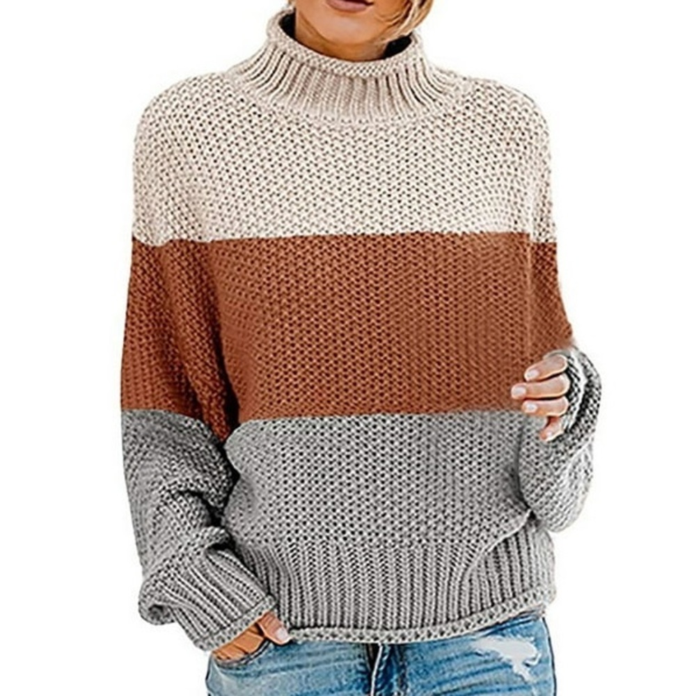 Lulus Turtleneck Oversized Chunky Knit Tricolor Sweater